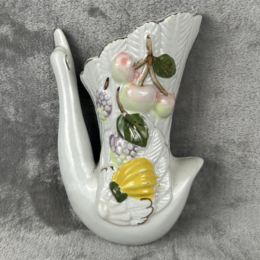 Vintage Ceramic Bird Wall Pocket Gold Accents White Swan Vase ~ 1950s